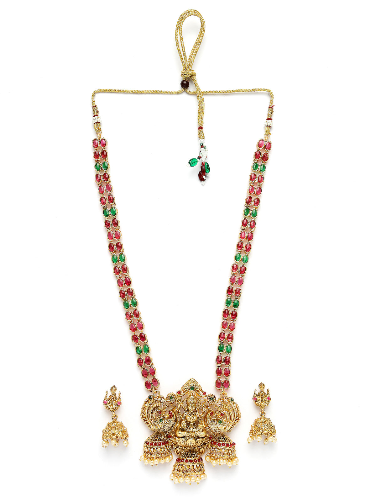 Sukkhi Classic-Inspired Gold Plated Red Green AD Stones Studded Long Temple Gold Haram Designs Necklace Set with Jhumki/Jhumka Earrings Jewellery Set For Women & Girls|NS106089