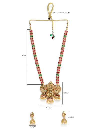 Sukkhi Classic-Inspired Gold Plated Red Green AD Stones Studded Long Temple Gold Haram Designs Necklace Set with Jhumki/Jhumka Earrings Jewellery Set For Women & Girls|NS106089