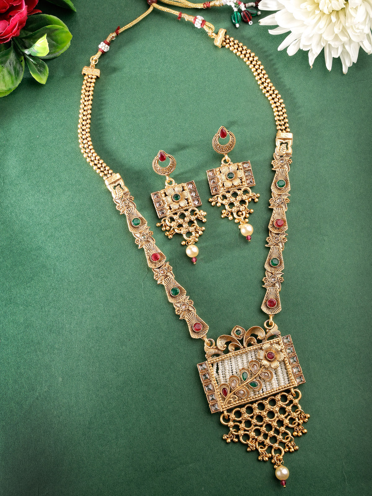 Sukkhi Latest Collection Gold Plated Red Green AD Stones Studded Floral Gold Haram Designs Long Necklace Set with Dangler Earrings Jewellery Set For Women & Girls|NS106090