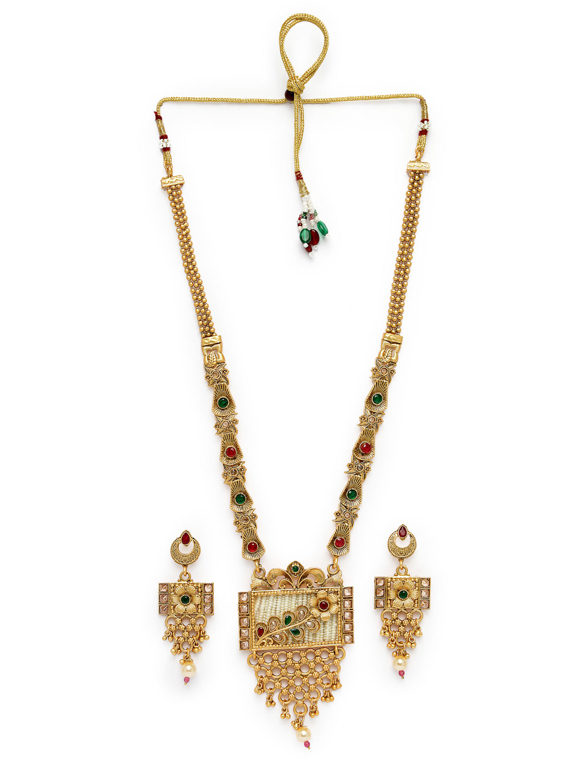 Sukkhi Latest Collection Gold Plated Red Green AD Stones Studded Floral Gold Haram Designs Long Necklace Set with Dangler Earrings Jewellery Set For Women & Girls|NS106090