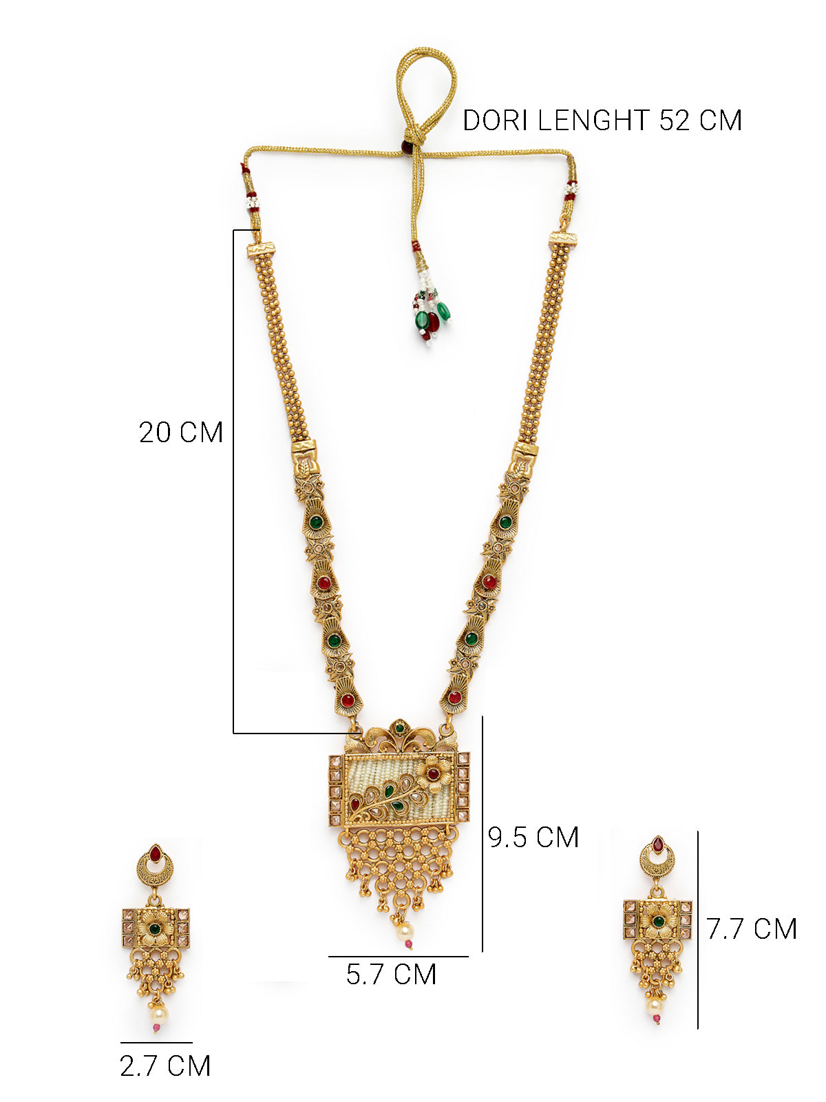 Sukkhi Latest Collection Gold Plated Red Green AD Stones Studded Floral Gold Haram Designs Long Necklace Set with Dangler Earrings Jewellery Set For Women & Girls|NS106090