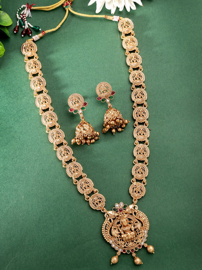 Sukkhi Beautiful Classic Gold Plated Temple Haram Designs Long Necklace Set with Jhumki/Jhumka Earrings Jewellery Set For Women & Girls|Set of 1|NS106091
