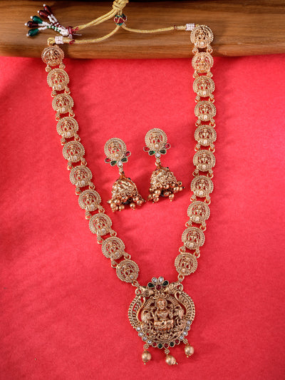 Sukkhi Beautiful Classic Gold Plated Temple Haram Designs Long Necklace Set with Jhumki/Jhumka Earrings Jewellery Set For Women & Girls|Set of 1|NS106091