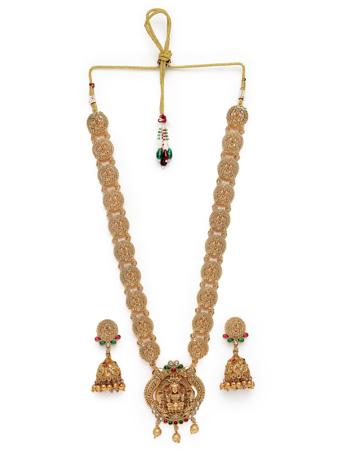 Sukkhi Beautiful Classic Gold Plated Temple Haram Designs Long Necklace Set with Jhumki/Jhumka Earrings Jewellery Set For Women & Girls|Set of 1|NS106091