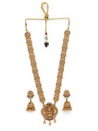 Sukkhi Beautiful Classic Gold Plated Temple Haram Designs Long Necklace Set with Jhumki/Jhumka Earrings Jewellery Set For Women & Girls|Set of 1|NS106091