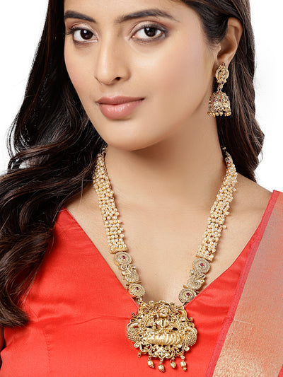 Sukkhi Trendy Fashionable Gold Plated Temple Haram Designs Long Necklace Set with Jhumki/Jhumka Earrings Jewellery Set For Women & Girls |Set of 1|NS106092