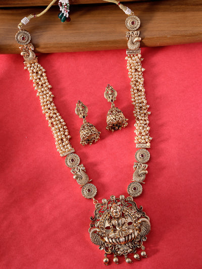 Sukkhi Trendy Fashionable Gold Plated Temple Haram Designs Long Necklace Set with Jhumki/Jhumka Earrings Jewellery Set For Women & Girls |Set of 1|NS106092