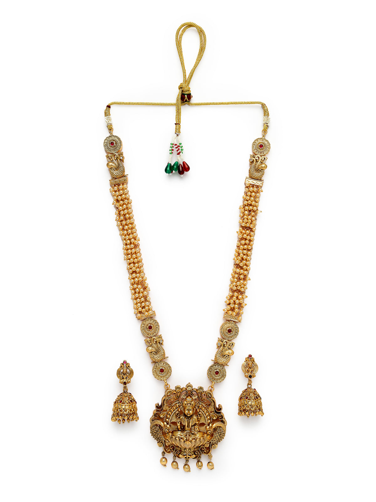 Sukkhi Trendy Fashionable Gold Plated Temple Haram Designs Long Necklace Set with Jhumki/Jhumka Earrings Jewellery Set For Women & Girls |Set of 1|NS106092