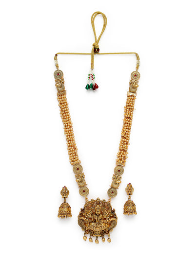 Sukkhi Trendy Fashionable Gold Plated Temple Haram Designs Long Necklace Set with Jhumki/Jhumka Earrings Jewellery Set For Women & Girls |Set of 1|NS106092
