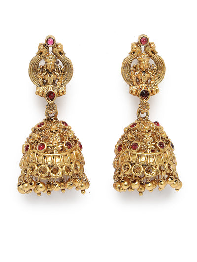 Sukkhi Trendy Fashionable Gold Plated Temple Haram Designs Long Necklace Set with Jhumki/Jhumka Earrings Jewellery Set For Women & Girls |Set of 1|NS106092