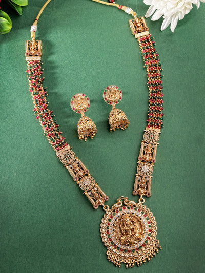 Sukkhi Attractive Traditional Gold Plated Temple Haram Designs Long Necklace Set with Jhumki/Jhumka Earrings Jewellery Set For Women & Girls| Set of 1|NS106093