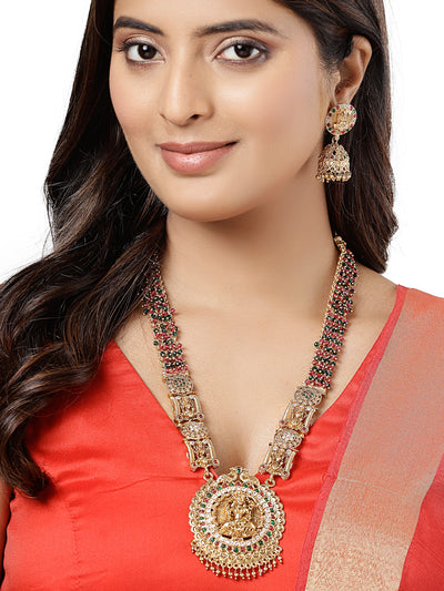 Sukkhi Attractive Traditional Gold Plated Temple Haram Designs Long Necklace Set with Jhumki/Jhumka Earrings Jewellery Set For Women & Girls| Set of 1|NS106093