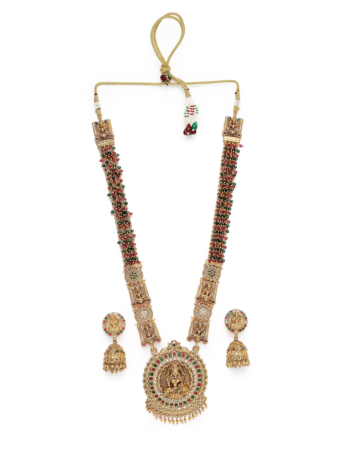 Sukkhi Attractive Traditional Gold Plated Temple Haram Designs Long Necklace Set with Jhumki/Jhumka Earrings Jewellery Set For Women & Girls| Set of 1|NS106093