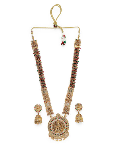 Sukkhi Attractive Traditional Gold Plated Temple Haram Designs Long Necklace Set with Jhumki/Jhumka Earrings Jewellery Set For Women & Girls| Set of 1|NS106093
