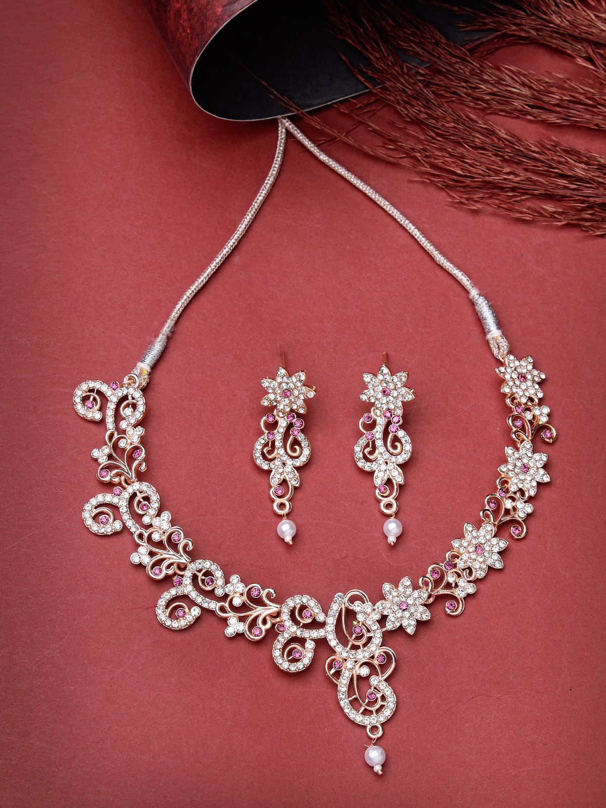 Sukkhi Beautiful Style Rose Gold Plated AD Stones Studded Rani Pink Choker Necklace Set with Dangler Earrings Jewellery Set For Women & Girls|Set of 1|NS106094
