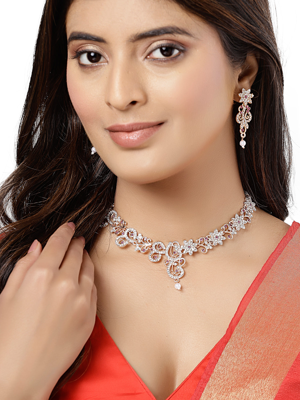 Sukkhi Beautiful Style Rose Gold Plated AD Stones Studded Rani Pink Choker Necklace Set with Dangler Earrings Jewellery Set For Women & Girls|Set of 1|NS106094