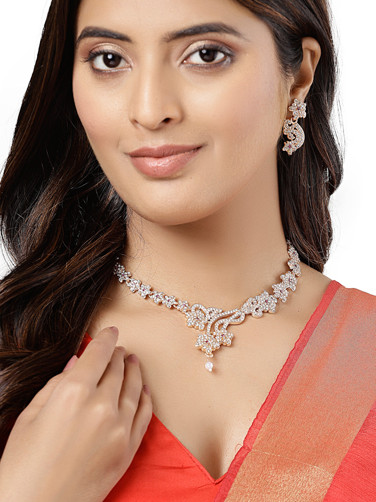 Sukkhi Stylish Rose Gold Plated AD Stones Studded Rani Pink Choker Necklace Set with Dangler Earrings Jewellery Set For Women & Girls|Set of 1|NS106096