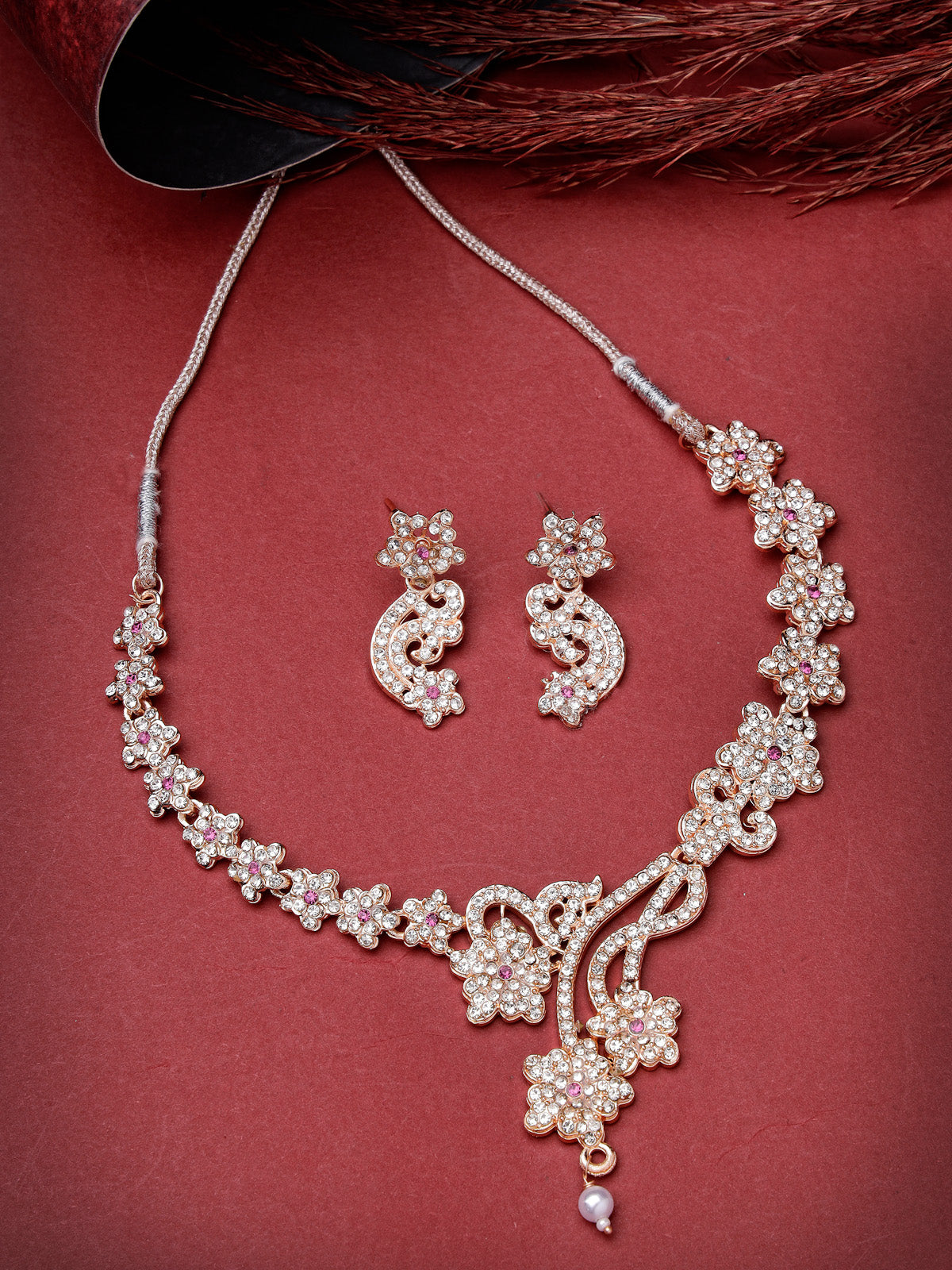 Sukkhi Stylish Rose Gold Plated AD Stones Studded Rani Pink Choker Necklace Set with Dangler Earrings Jewellery Set For Women & Girls|Set of 1|NS106096