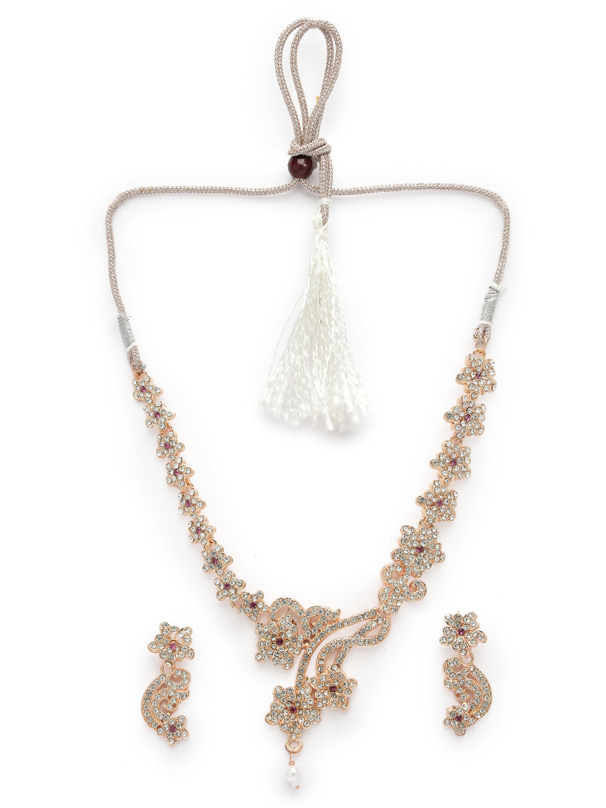 Sukkhi Stylish Rose Gold Plated AD Stones Studded Rani Pink Choker Necklace Set with Dangler Earrings Jewellery Set For Women & Girls|Set of 1|NS106096