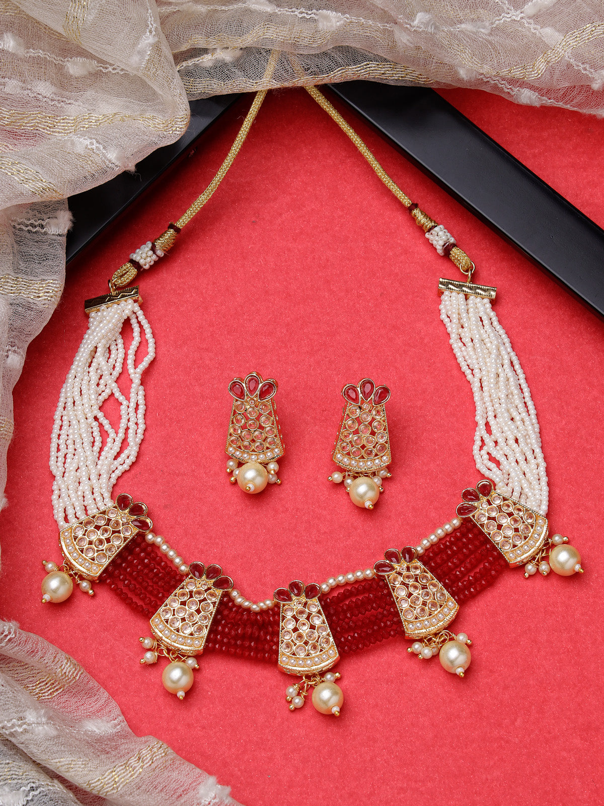 Sukkhi Bewitching Gold Plated Multistrand Red & White Choker Necklace Set With Drop Earrings Jewellery Set For Women & Girls|Set of 1NS106097