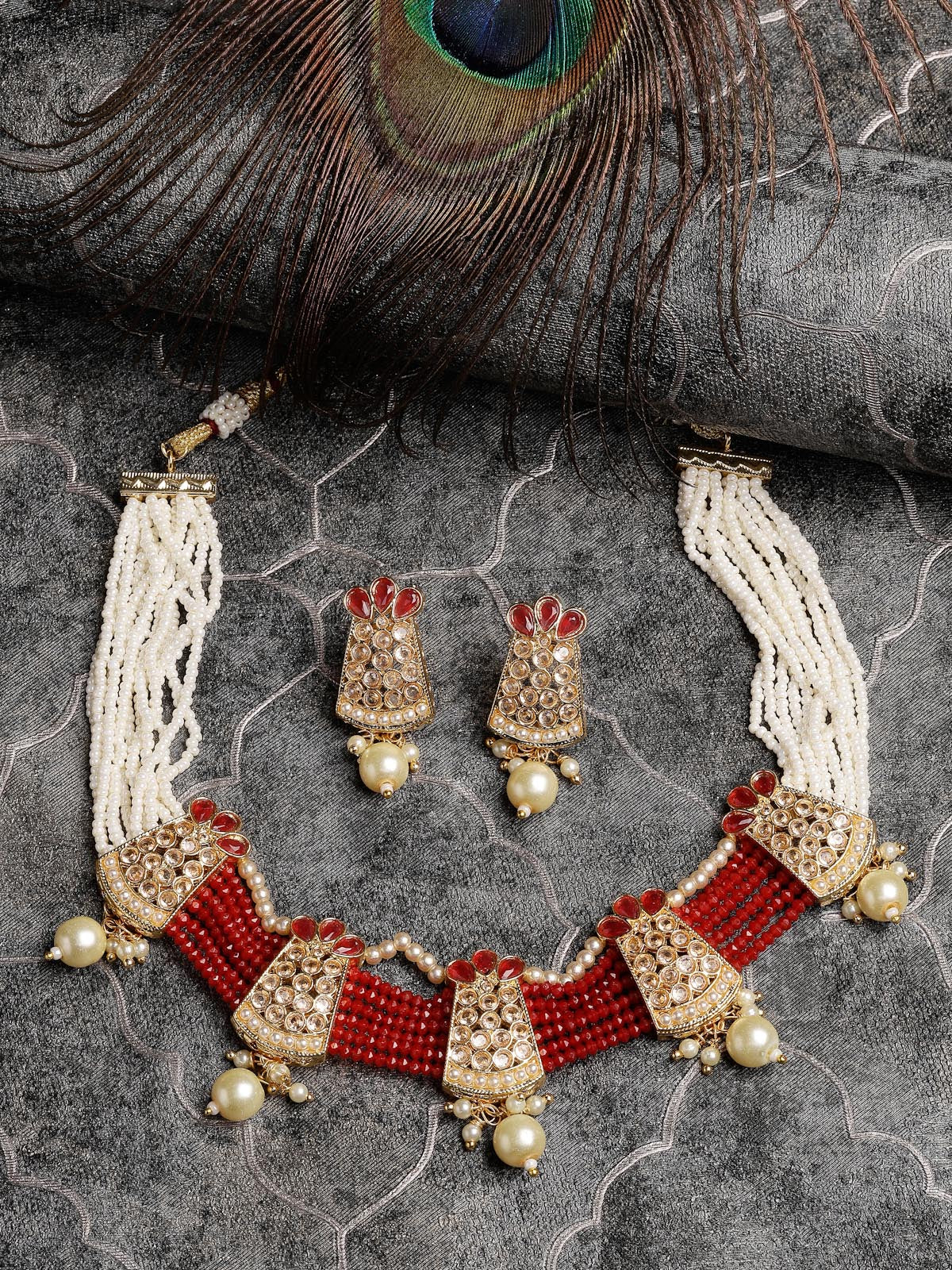 Sukkhi Bewitching Gold Plated Multistrand Red & White Choker Necklace Set With Drop Earrings Jewellery Set For Women & Girls|Set of 1NS106097