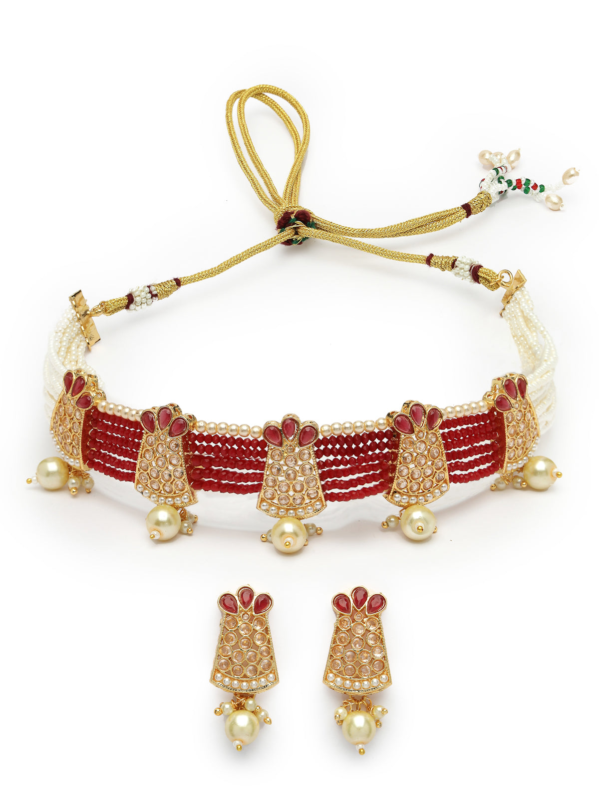 Sukkhi Bewitching Gold Plated Multistrand Red & White Choker Necklace Set With Drop Earrings Jewellery Set For Women & Girls|Set of 1NS106097