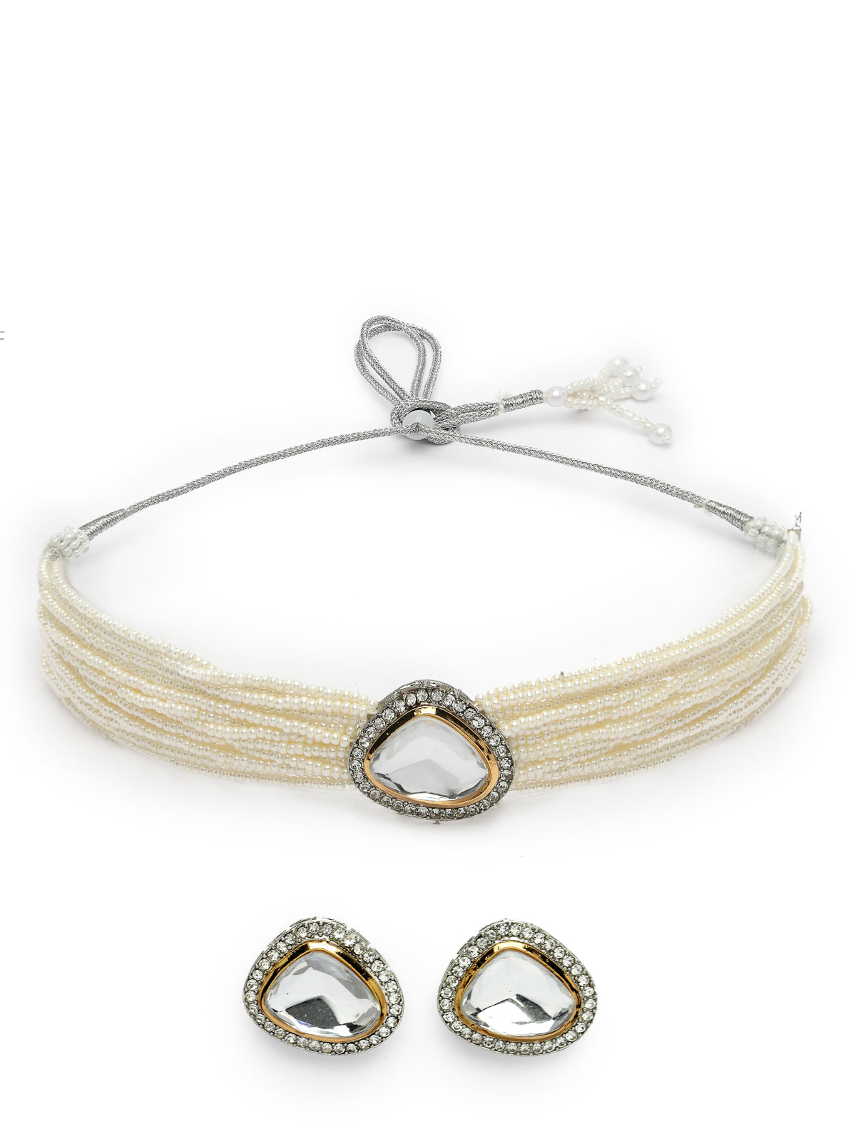 Sukkhi Bewitching Gold Plated Multistrand Pearls & Crystals Stones Studded White Choker Necklace Set with Studs Earrings Jewellery Set For Women & Girls|Set of 1|NS106098