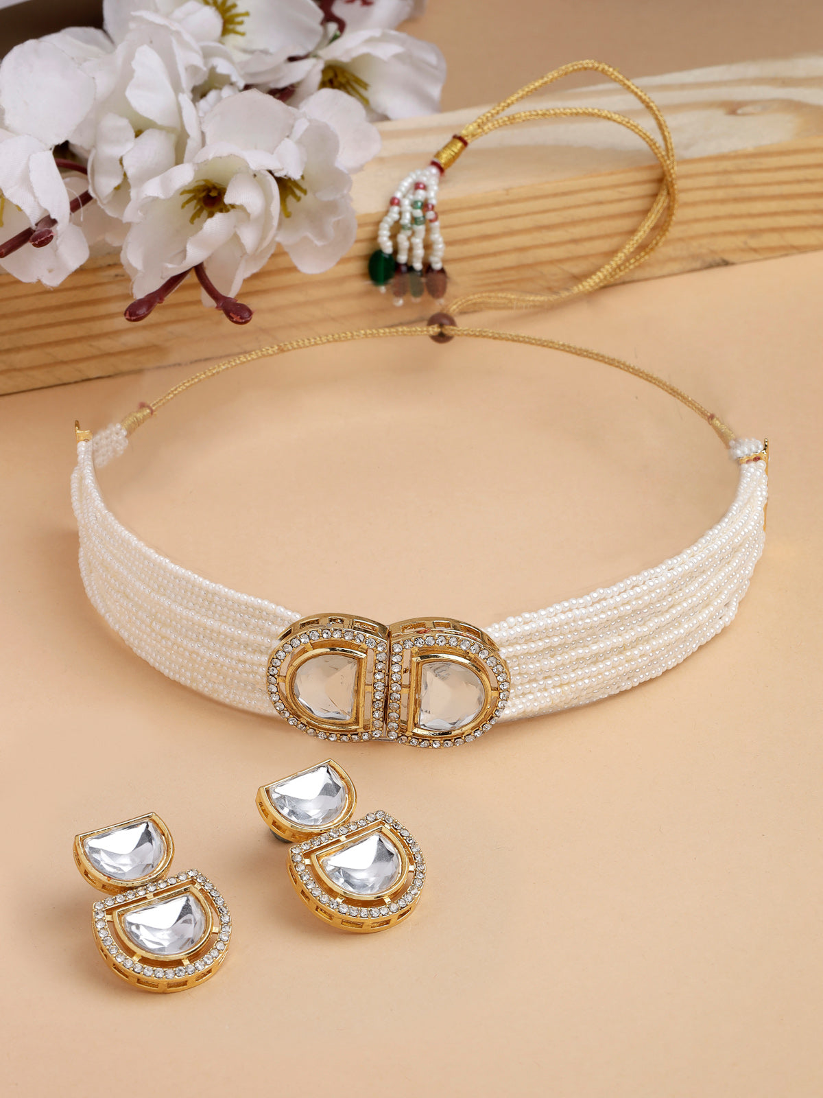 Sukkhi Modern Gold Plated Multistrand Pearls & Crystals Stone White Choker Necklace Set with Dangler Earrings Jewellery Set For Women & Girls|Set of 1|NS106099
