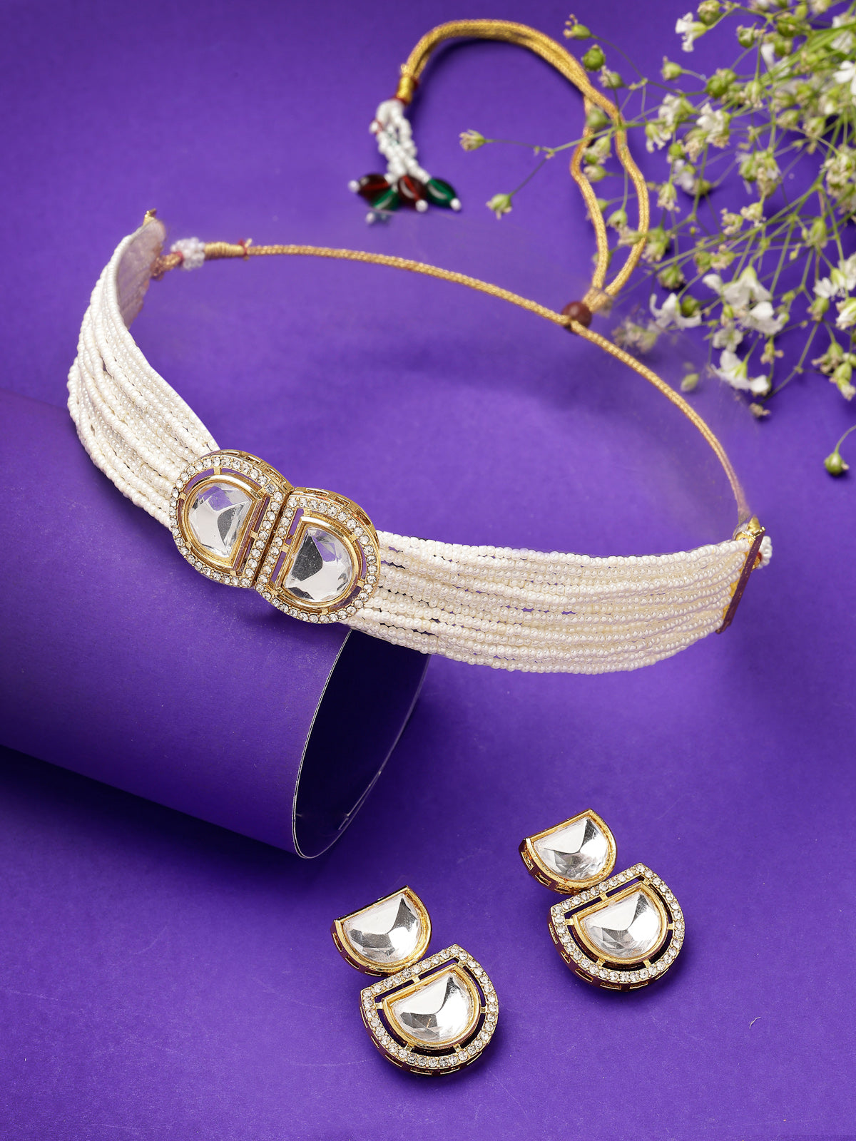 Sukkhi Modern Gold Plated Multistrand Pearls & Crystals Stone White Choker Necklace Set with Dangler Earrings Jewellery Set For Women & Girls|Set of 1|NS106099
