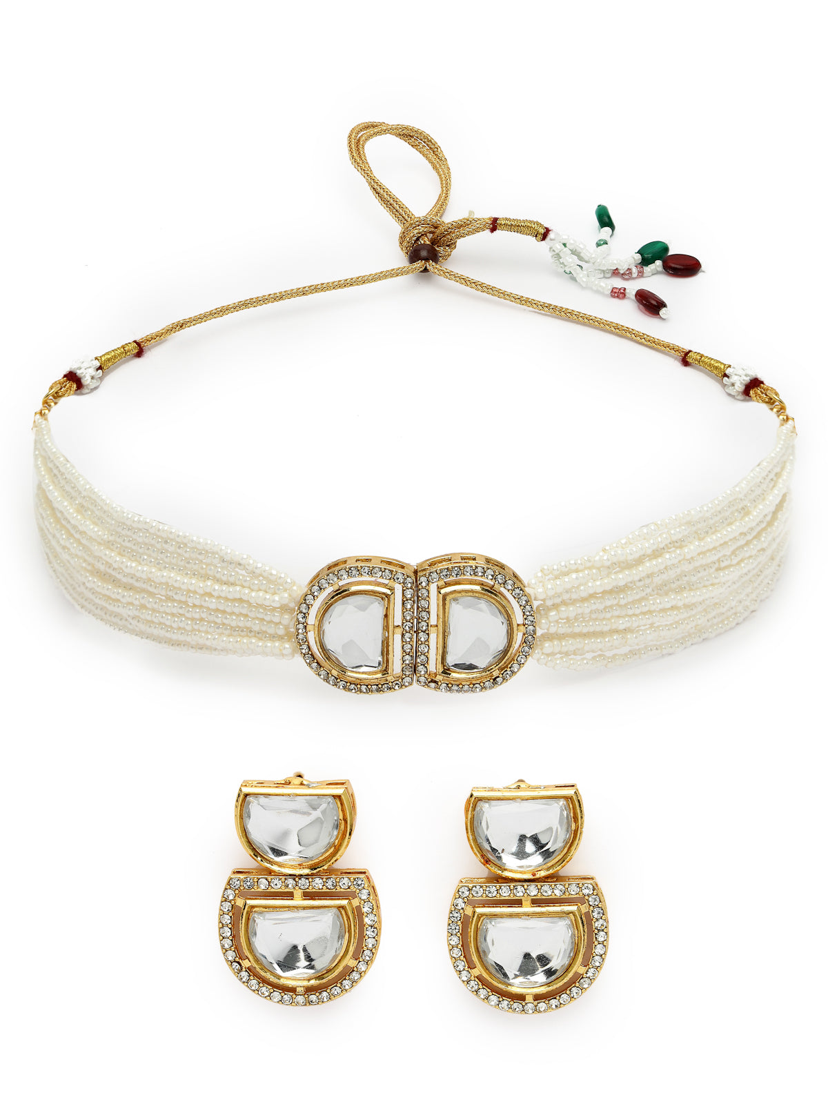 Sukkhi Modern Gold Plated Multistrand Pearls & Crystals Stone White Choker Necklace Set with Dangler Earrings Jewellery Set For Women & Girls|Set of 1|NS106099
