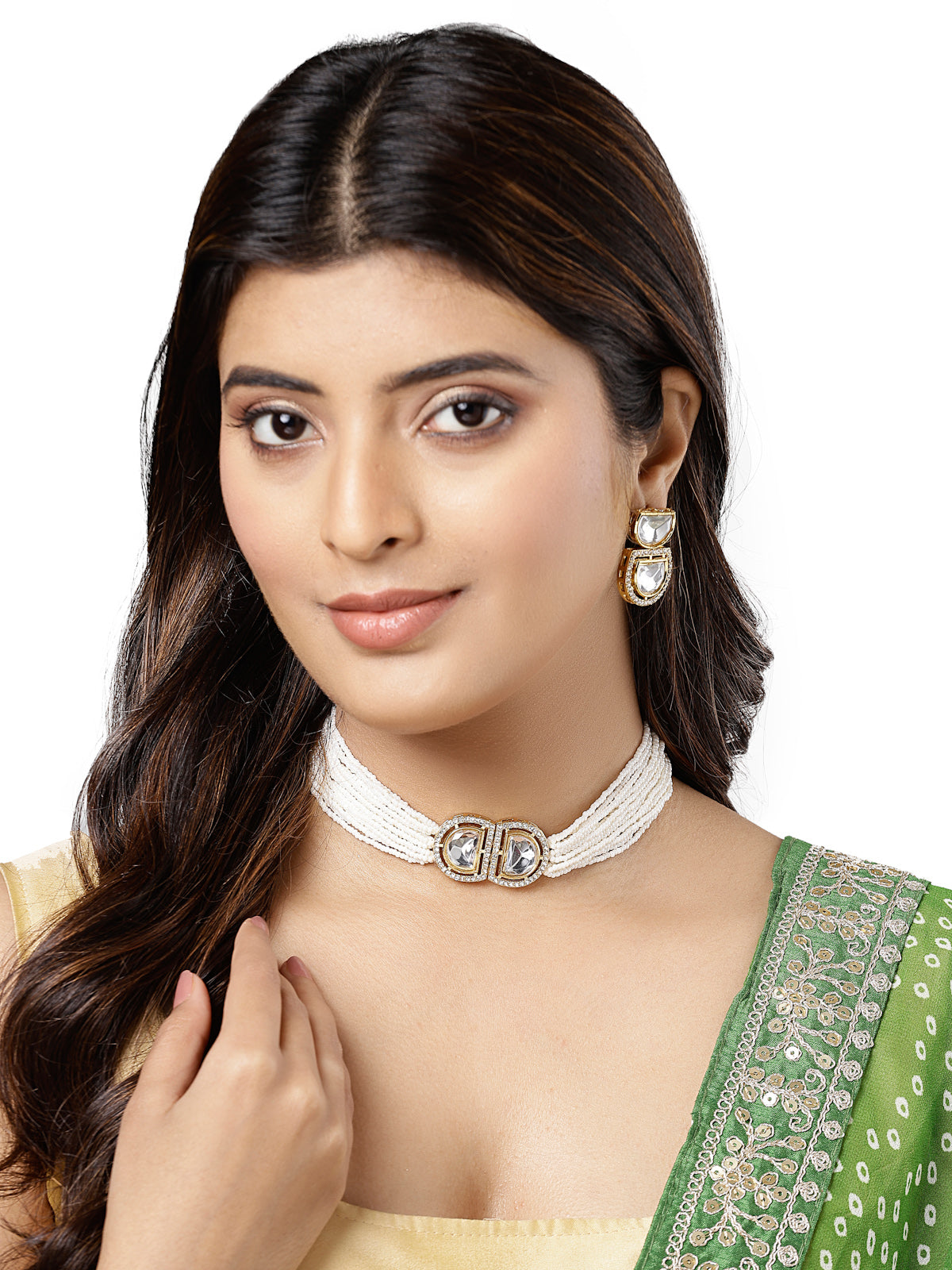 Sukkhi Modern Gold Plated Multistrand Pearls & Crystals Stone White Choker Necklace Set with Dangler Earrings Jewellery Set For Women & Girls|Set of 1|NS106099