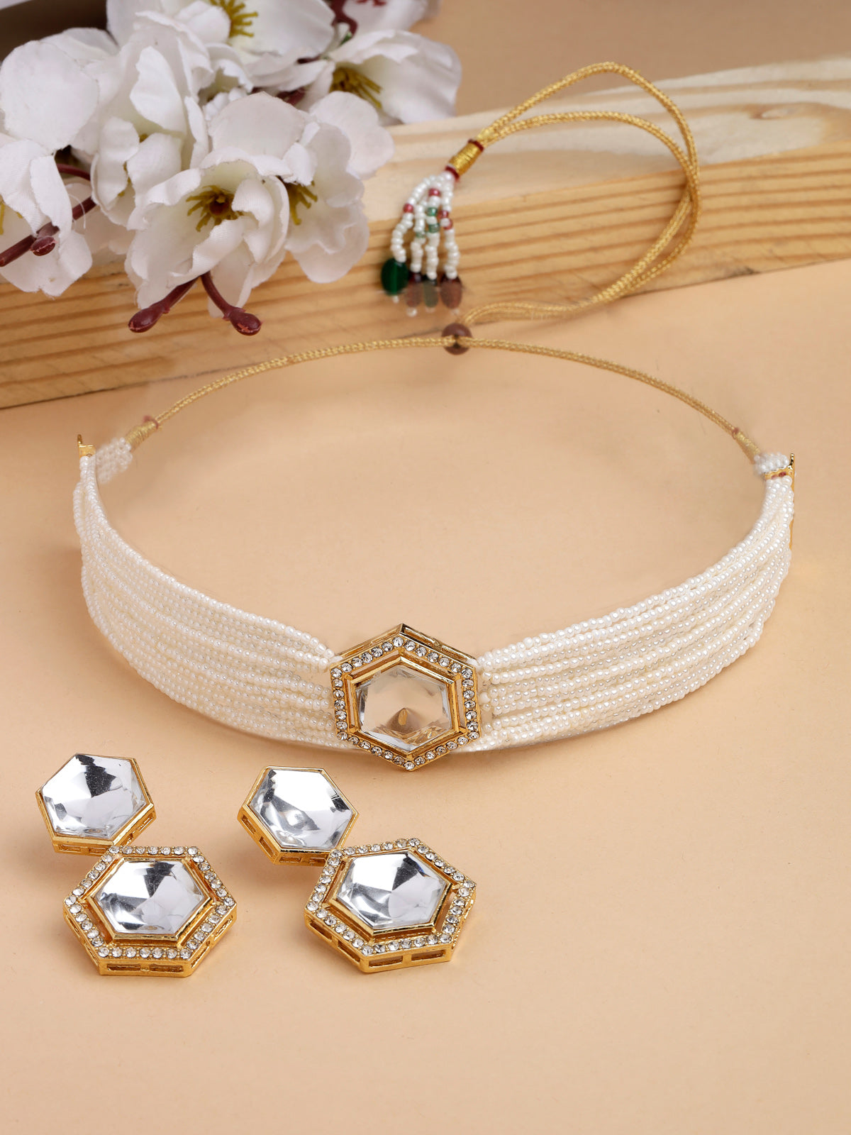 Sukkhi Ornamental Gold Plated Multistrand Pearls & Crystals Stones Studded White Choker Necklace Set with Dangler Earrings Jewellery Set For Women & Girls|Set of 1|NS106100