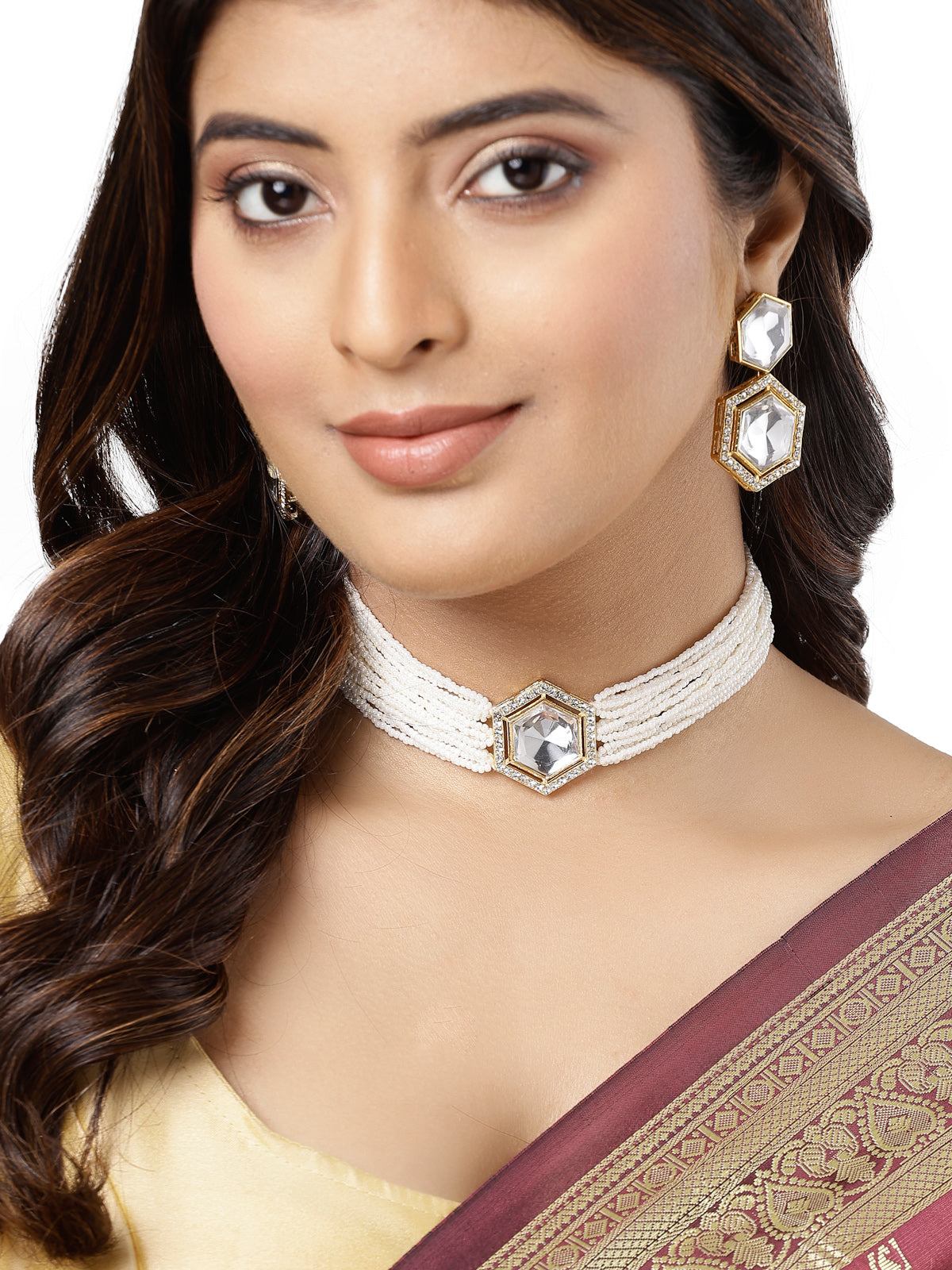 Sukkhi Ornamental Gold Plated Multistrand Pearls & Crystals Stones Studded White Choker Necklace Set with Dangler Earrings Jewellery Set For Women & Girls|Set of 1|NS106100
