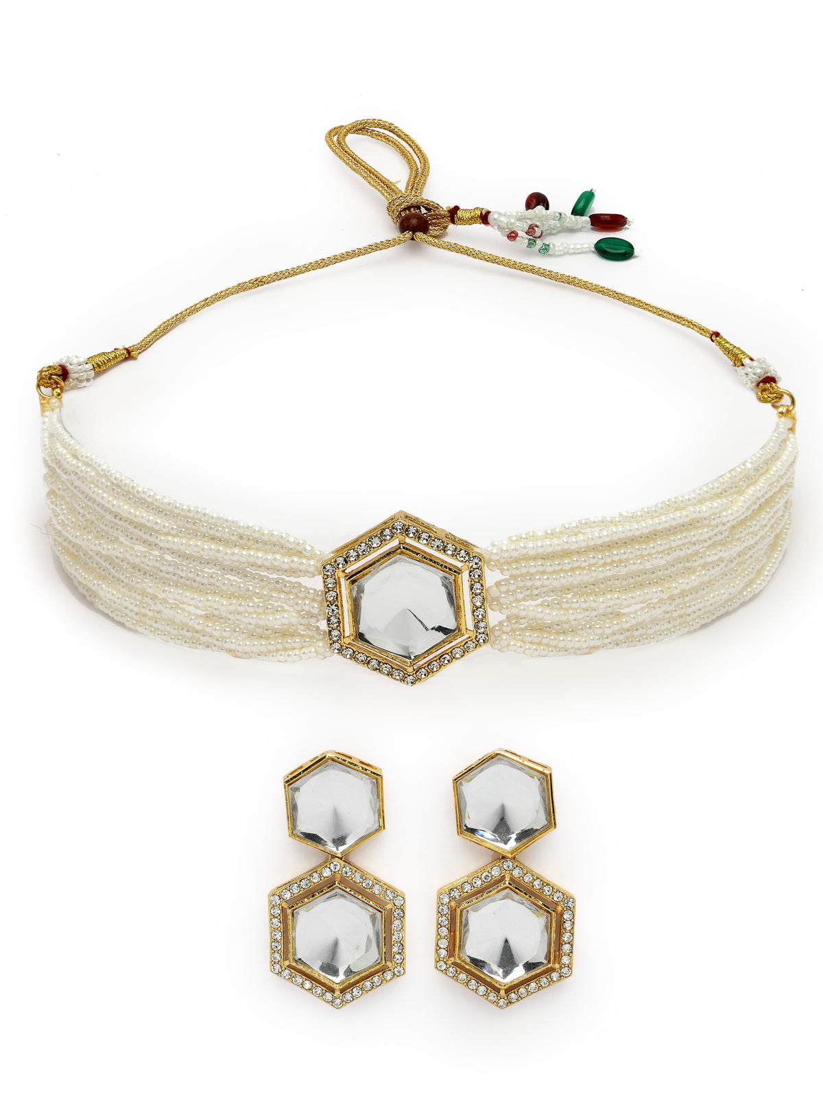 Sukkhi Ornamental Gold Plated Multistrand Pearls & Crystals Stones Studded White Choker Necklace Set with Dangler Earrings Jewellery Set For Women & Girls|Set of 1|NS106100