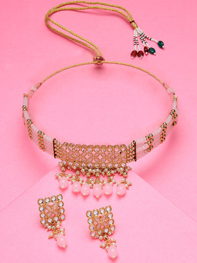 Sukkhi Pretty Pink Gold Plated Multistrand Pearls Choker Necklace Set & Drop Earrings For Women & Girls|Set of 1|NS106101