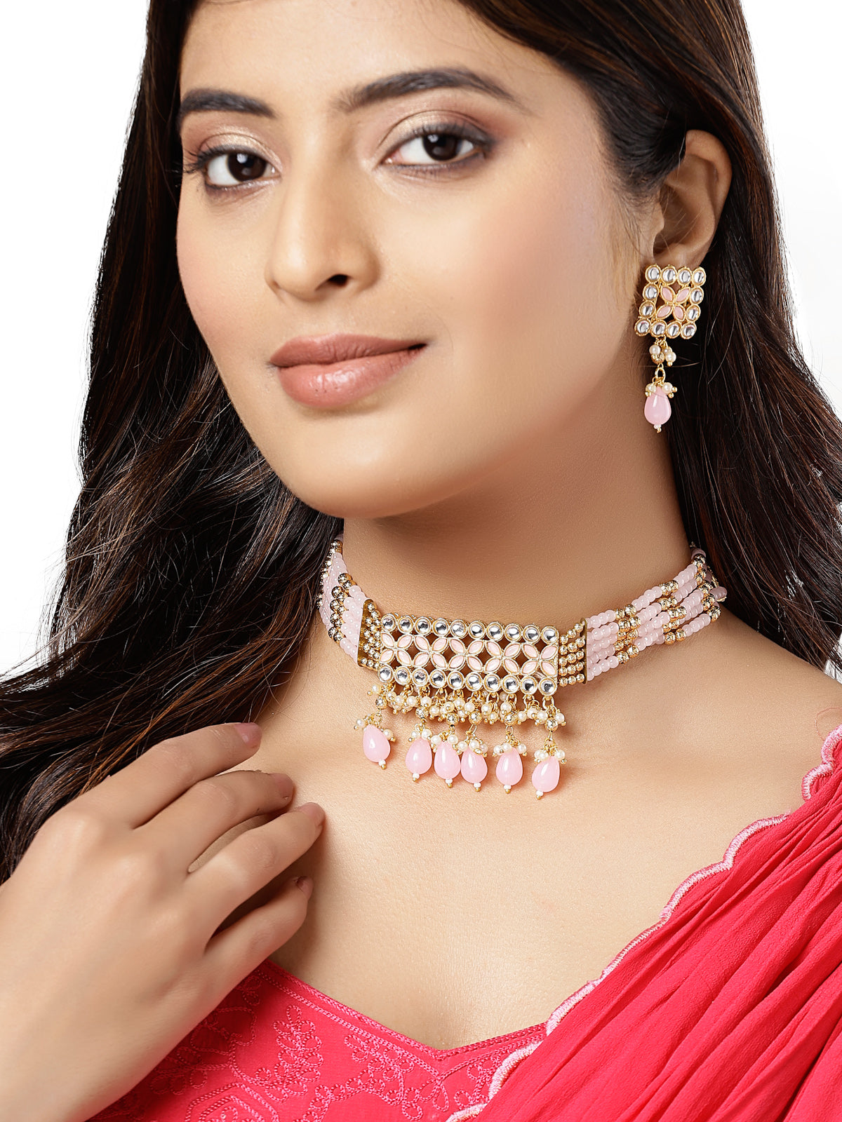 Sukkhi Pretty Pink Gold Plated Multistrand Pearls Choker Necklace Set & Drop Earrings For Women & Girls|Set of 1|NS106101
