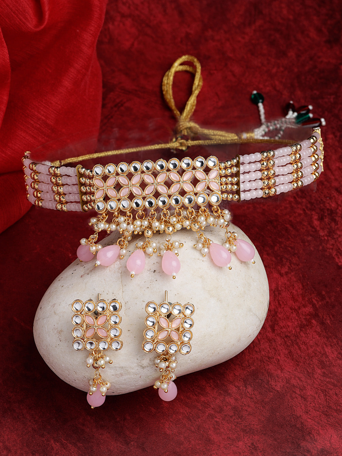 Sukkhi Pretty Pink Gold Plated Multistrand Pearls Choker Necklace Set & Drop Earrings For Women & Girls|Set of 1|NS106101