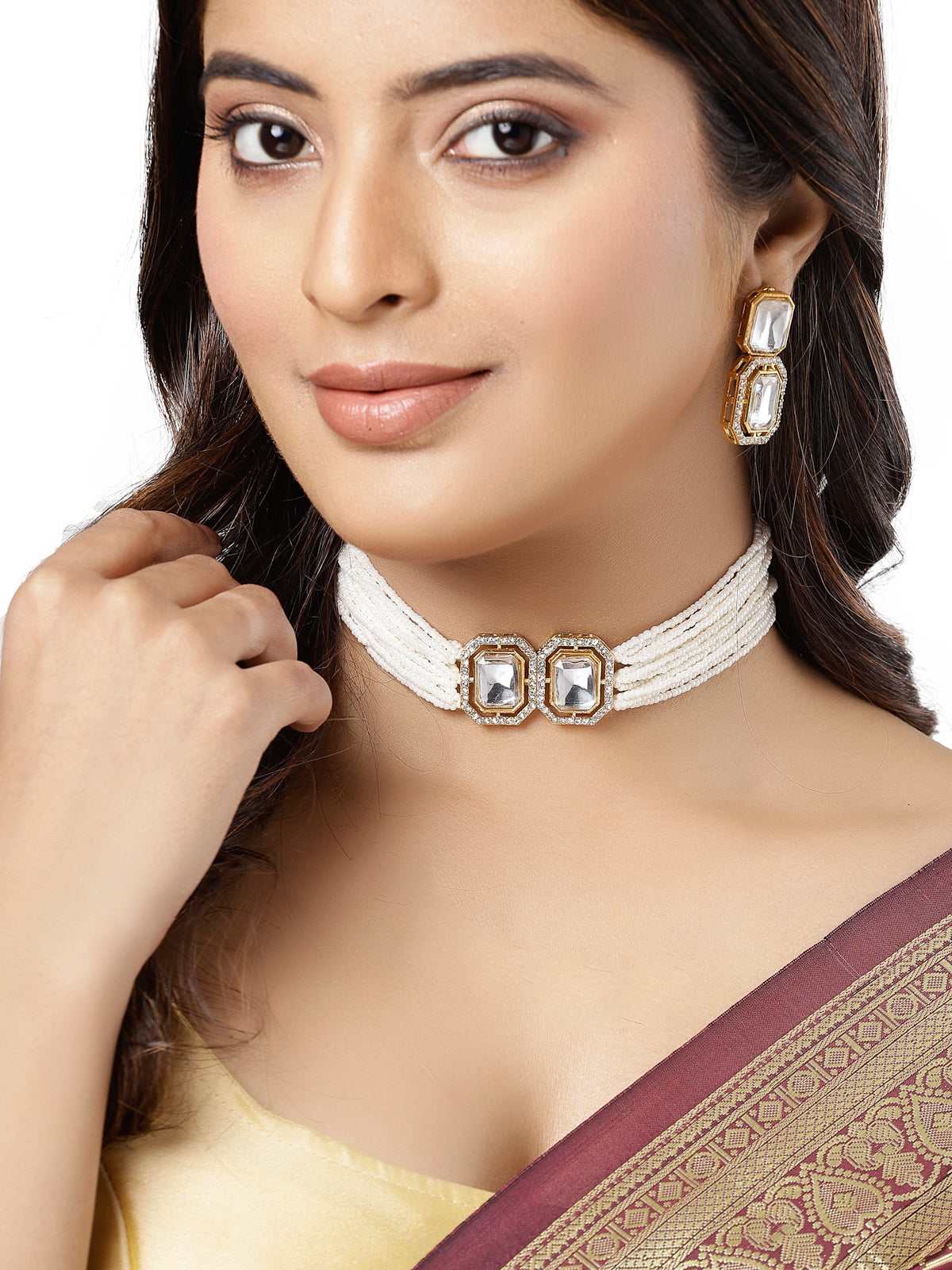 Sukkhi All-Season Gold Plated Multistrand Pearls & Square Crystal Stones Studded White Choker Necklace Set with Dangler Earrings Jewellery Set For Women & Girls|Set of 1|NS106102