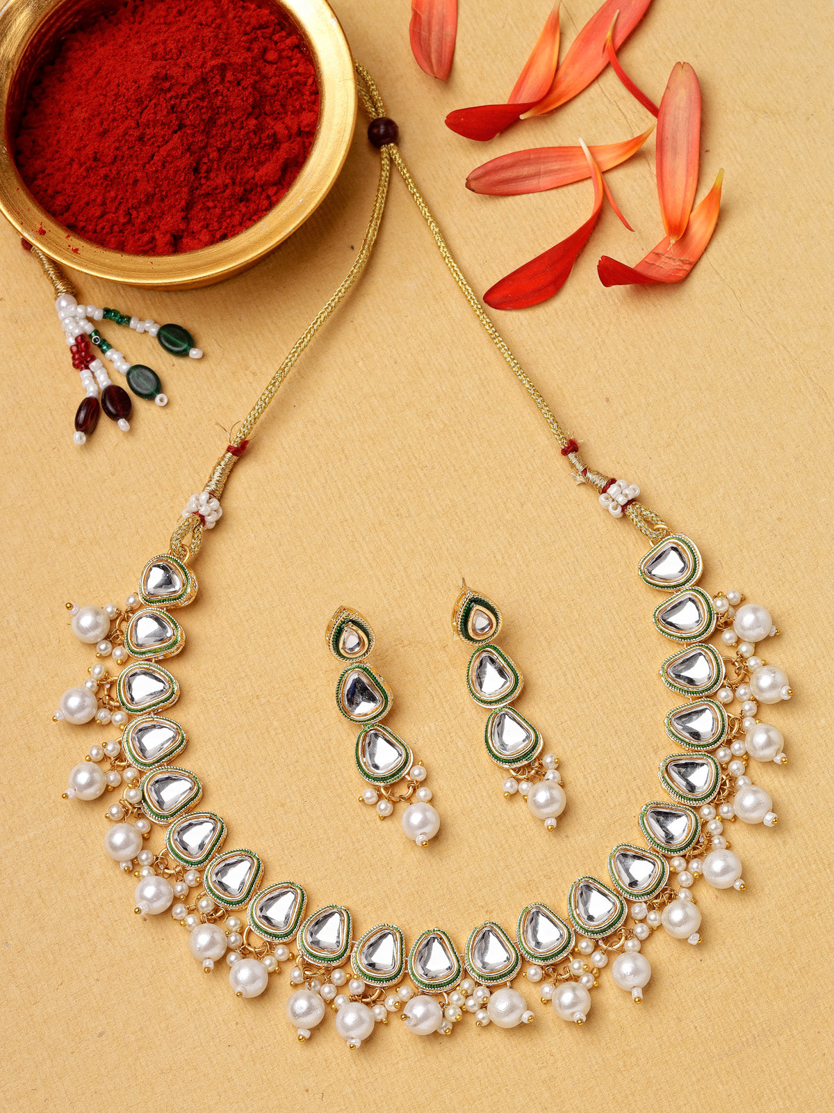 Sukkhi Sparkling Gold Plated White Pearls & Kundan Studded Choker Necklace Set with Dangle Drop Earrings Jewellery Set For Women & Girls|Set of 1|NS106103