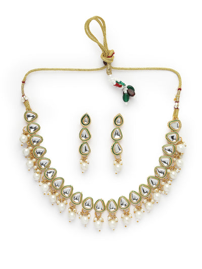 Sukkhi Sparkling Gold Plated White Pearls & Kundan Studded Choker Necklace Set with Dangle Drop Earrings Jewellery Set For Women & Girls|Set of 1|NS106103