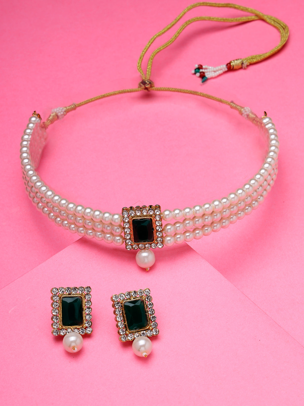 Sukkhi Gold Plated Indian Traditional Crystal Pearl Beaded Choker Necklace Set with Drop Earring Jewellery Set For Women & Girls|Set of 1|NS106104
