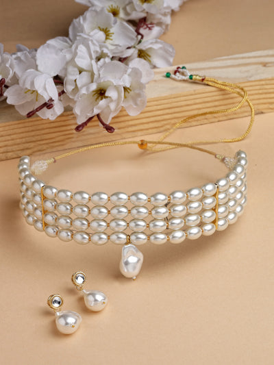 Sukkhi Trendy Gold Plated Pearl Beaded White Choker Necklace Set with Drop Earrings Jewellery Set For Women & Girls|Set of 1|NS106105