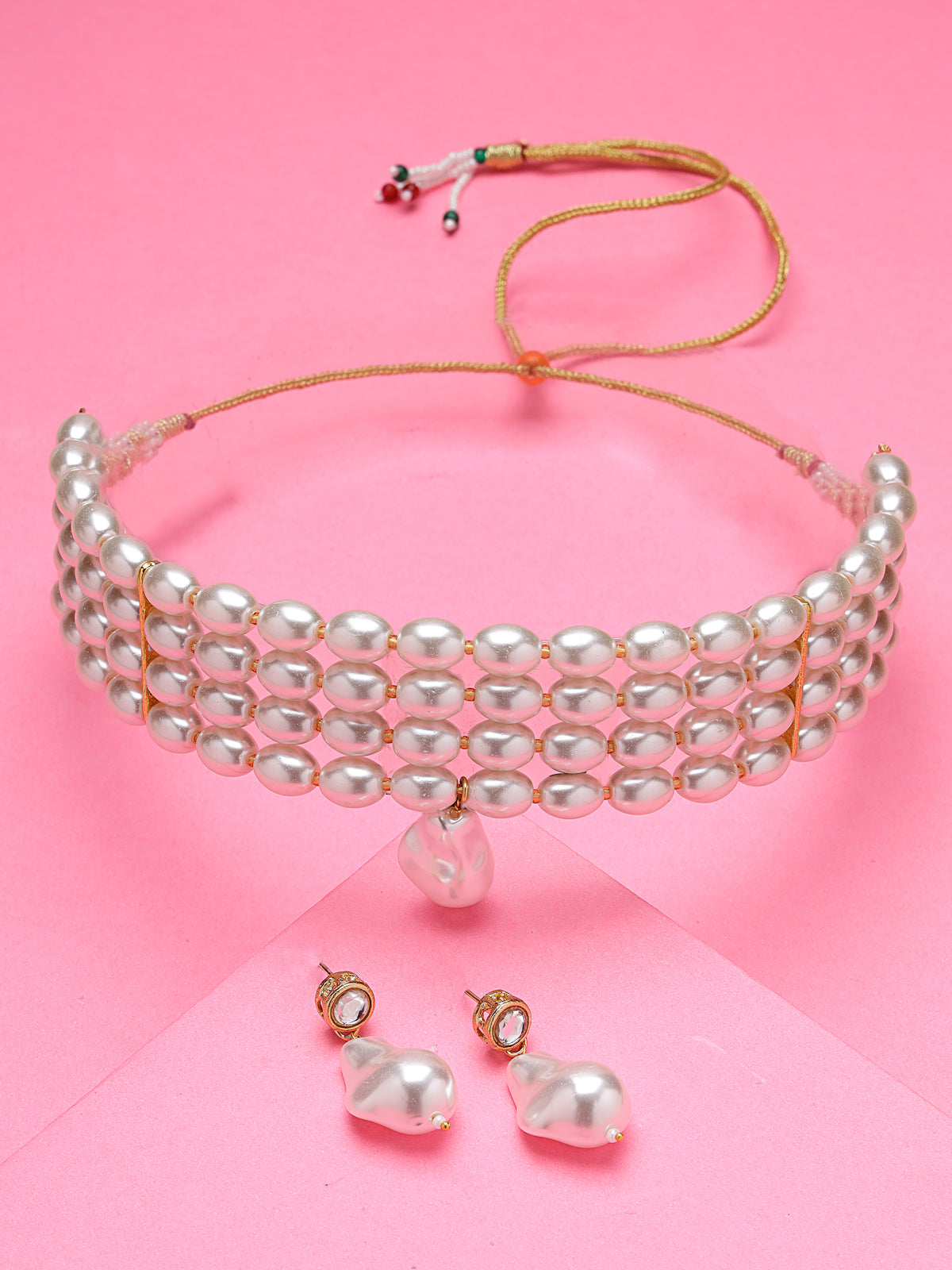 Sukkhi Trendy Gold Plated Pearl Beaded White Choker Necklace Set with Drop Earrings Jewellery Set For Women & Girls|Set of 1|NS106105