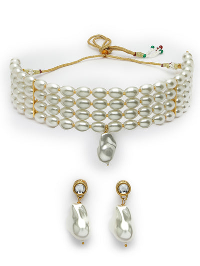Sukkhi Trendy Gold Plated Pearl Beaded White Choker Necklace Set with Drop Earrings Jewellery Set For Women & Girls|Set of 1|NS106105