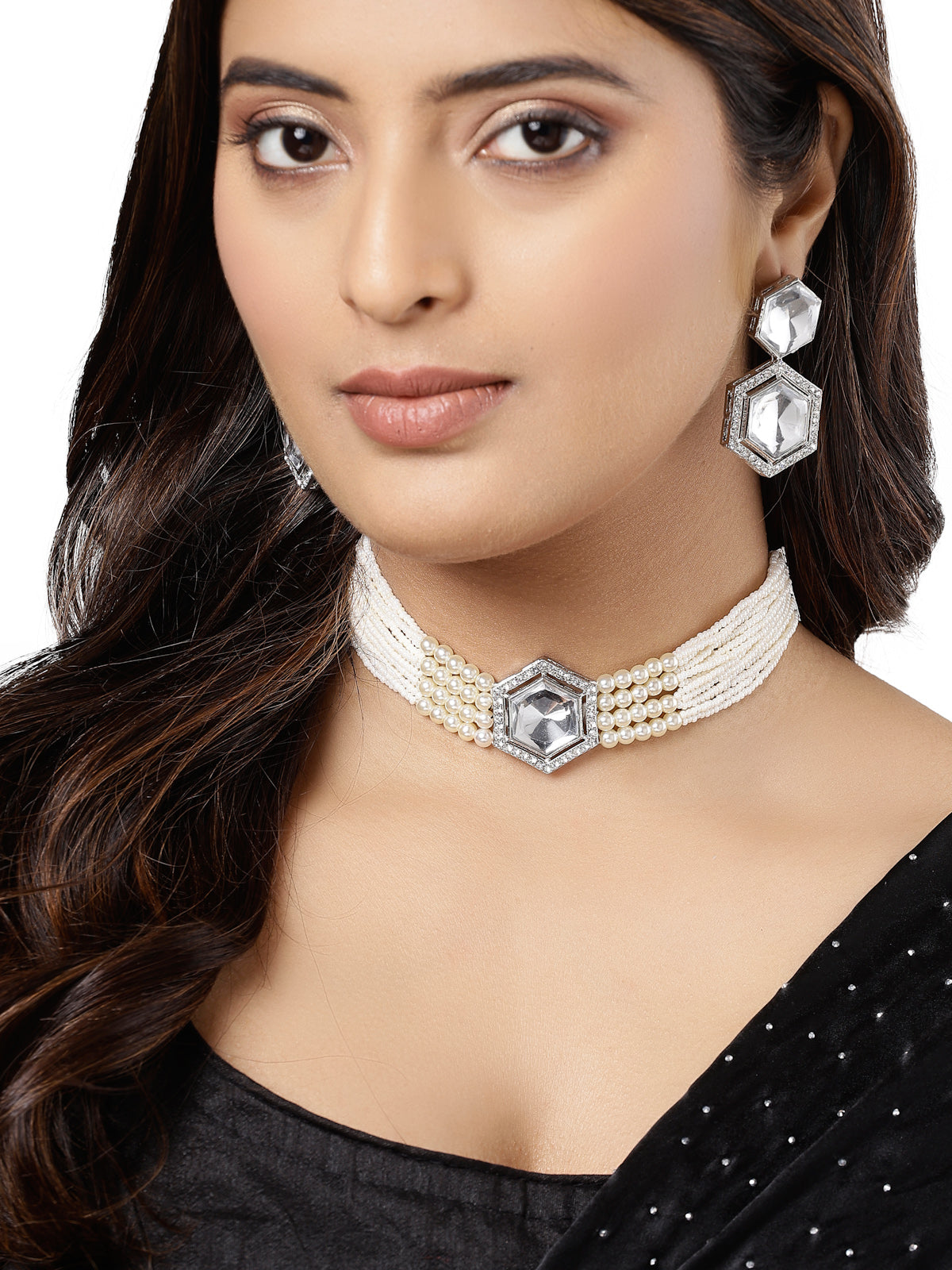 Sukkhi Adorable Multi String Pearls with Crystals Stones Studded Hexagon Shaped Choker Necklace Set & Dangler Earring Jewellery Set For Women & Girls|Set of 1|NS106106