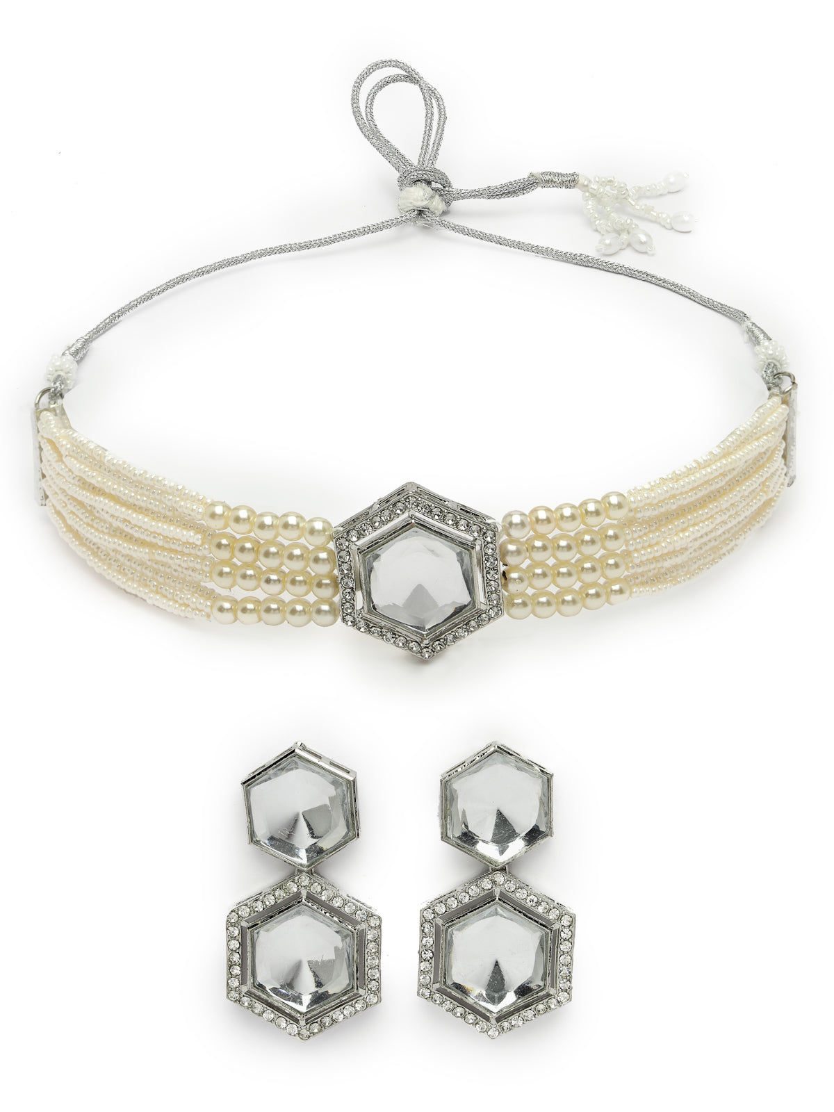 Sukkhi Adorable Multi String Pearls with Crystals Stones Studded Hexagon Shaped Choker Necklace Set & Dangler Earring Jewellery Set For Women & Girls|Set of 1|NS106106