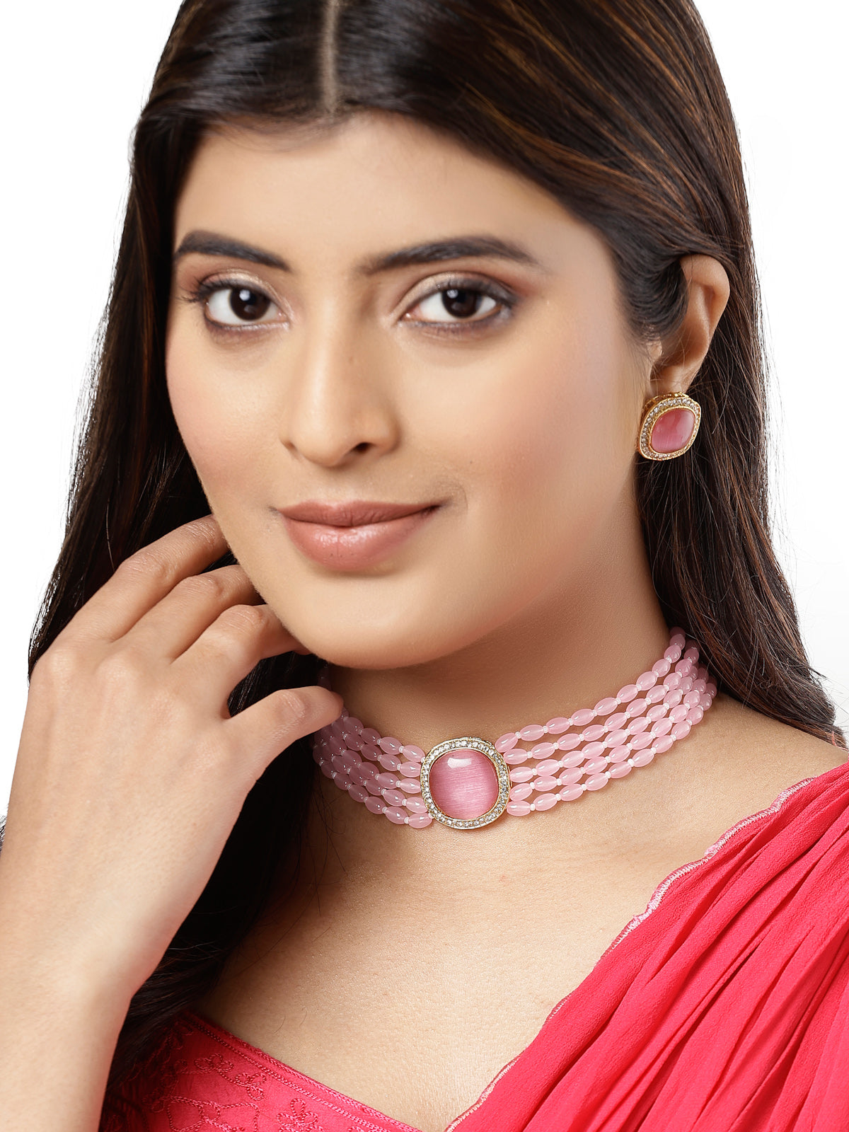 Sukkhi Pink Charming Gold Plated Crystal Pearl Beaded Multi Layer Choker Necklace Set with Studs Earring Jewellery Set For Women & Girls|Set of 1|NS106107