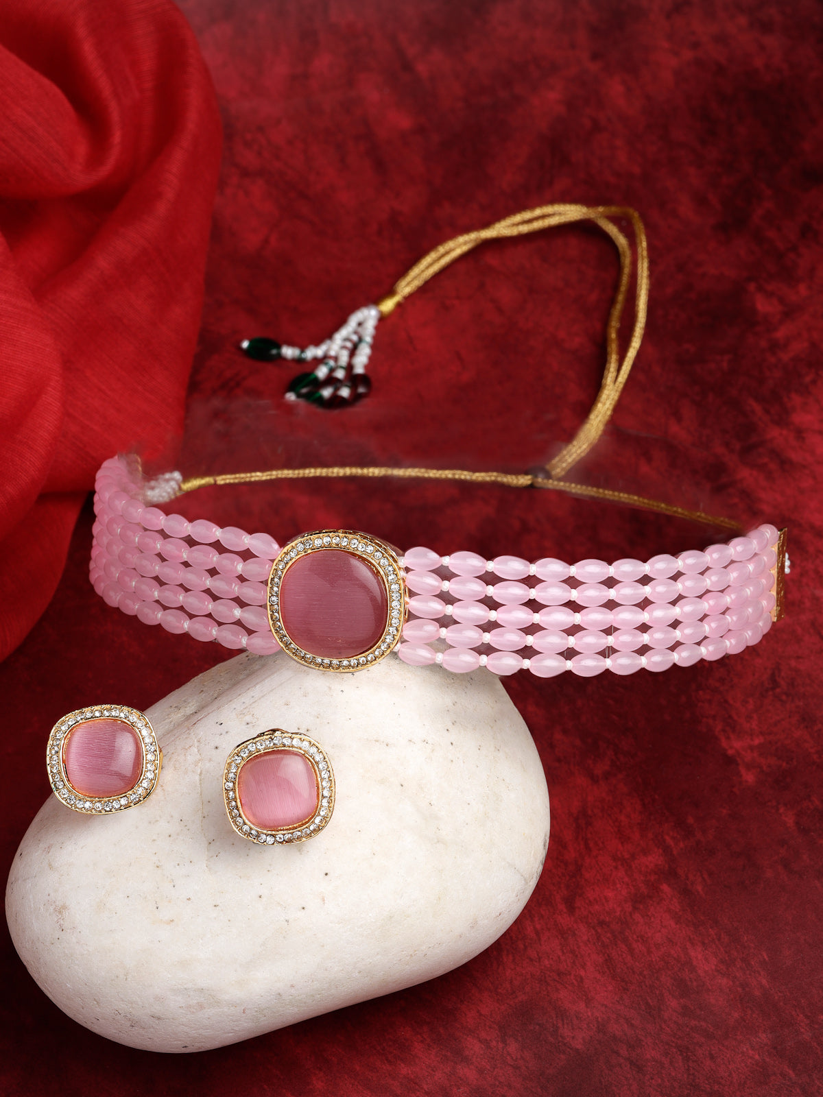 Sukkhi Pink Charming Gold Plated Crystal Pearl Beaded Multi Layer Choker Necklace Set with Studs Earring Jewellery Set For Women & Girls|Set of 1|NS106107