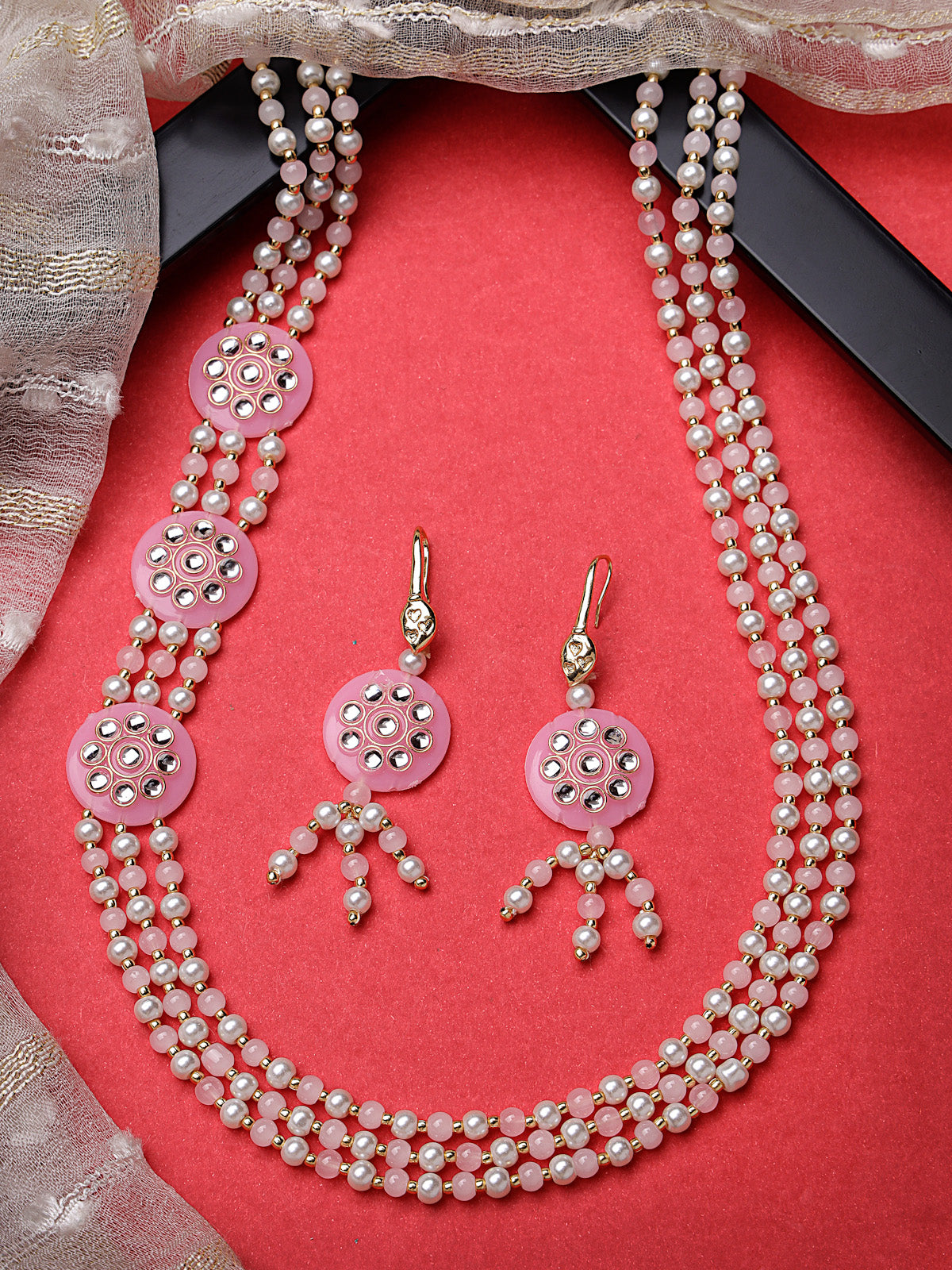 Sukkhi Most Beautiful Pinkcolor  Gold Plated Multilayared Pearls Long Necklace Set & Dangler Earrings For Women & Girls|Set of 1|NS106108