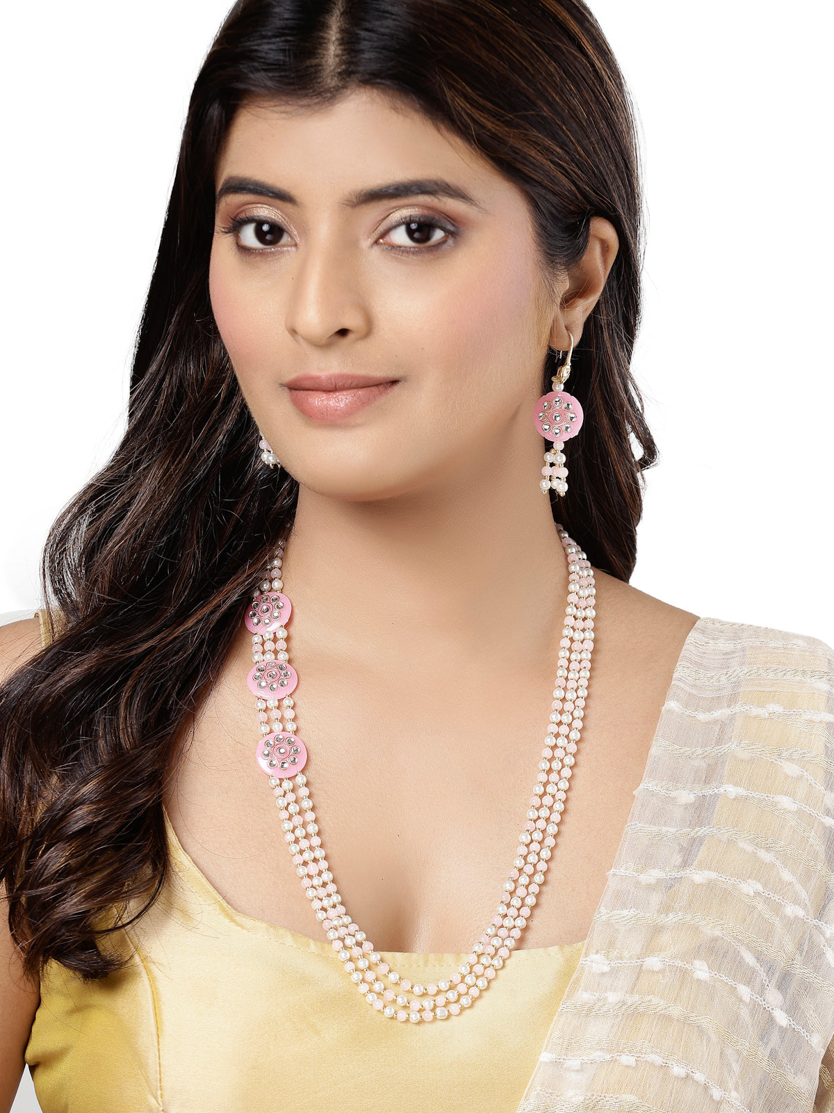 Sukkhi Most Beautiful Pinkcolor  Gold Plated Multilayared Pearls Long Necklace Set & Dangler Earrings For Women & Girls|Set of 1|NS106108